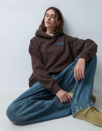 Hollister felpa con cappuccio oversize con logo patch grafico marrone-blu navy