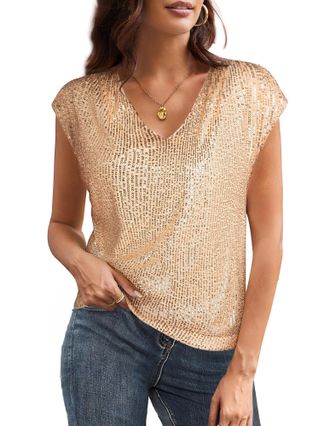Grace Karin Womens Sequin Top Winter Xmas Short Sleeve V-Neck Sequin Glitter Shirt Casual Classic Blouses for Women UK XL Size 18 Gold