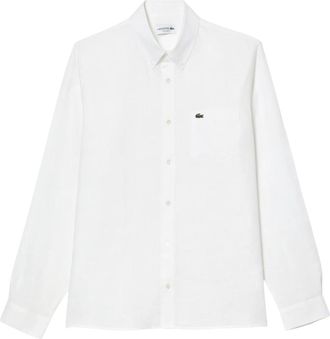 Lacoste Overhemden, Heren, Wit, XL, Linnen, Wit linnen overhemd met krokodilborduursel