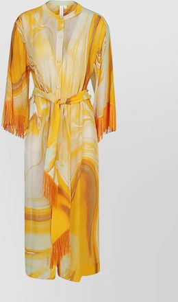 SIMKHAI abstract pattern silk cover up with fringe