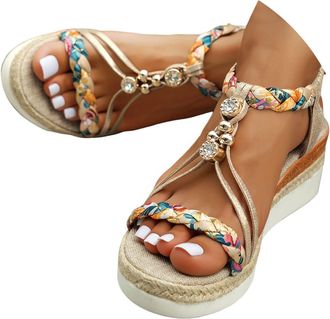 Generic Wide Width Wedge Sandals For Women,2026 Open Toe Jeweled Beaded Platform Sandals for Women Summer Dressy Strap Walking Shoes Vintage Non Slip Casual S