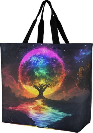 Generic Rainbow Tree Glowing Tote Bag Reusable Grocery Shopping Bags Large Travel One Shoulder Handbag for Picnic Work
