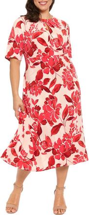London Times Floral Print Keyhole Midi Dress in Ivory/Red at Nordstrom Rack, Size 22W