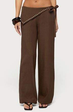 Edikted Avery Studded Foldover Low Rise Wide Leg Pants in Brown at Nordstrom, Size X-Large