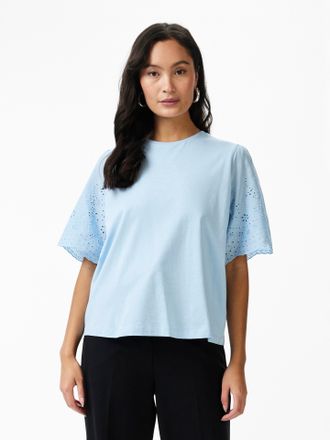 Y.A.S Kurzarmshirt Y.A.S YASLEX SS TOP W. EMB SLEEVES S. NOOS, Damen, Gr. XL, blau (clear sky), Jersey, Obermaterial: 100% Baumwolle, unifarben, normal norm