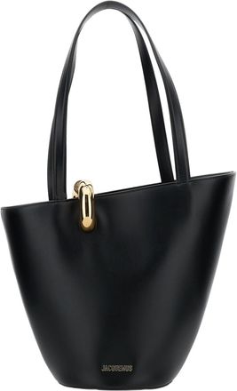 Jacquemus Asymmetrical Black Leather Bucket Bag with Gold-tone Hardware