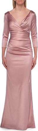 La Femme V-Neck Satin Gown with Ruched Bodice and Sleeves in Mauve at Nordstrom, Size 18