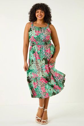 Roman Animal Floral Square Neck Midi Dress