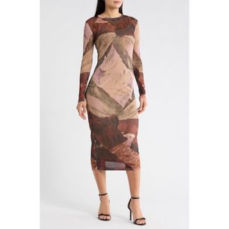 Desigual Long Sleeve Mesh Body-Con Dress in Brown at Nordstrom Rack, Size Medium