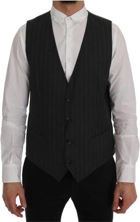 Dolce & Gabbana Grijze Pinstripe Wollen Vest Stijlvol - Heren - Gillet - Zwart - XL - Wol - Kostuums