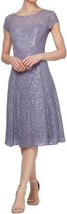 S.L. Fashions Embroidered Scoop Neck Tea Length Dress In Mystic Heather