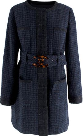 Chanel Navy Houndstooth Belted Wool Jacket Size L