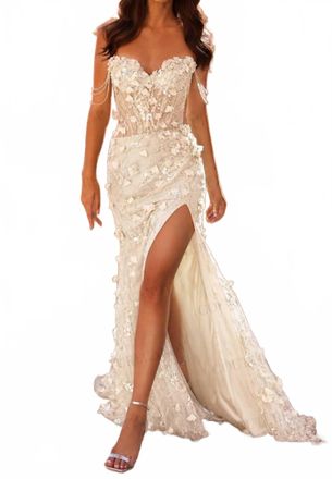 Sherri Hill Off Shoulder Floral Gown In Ivory