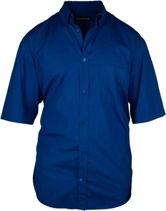 Balenciaga Short Sleeve Logo Shirt - Heren - Korte mouwen Overhemden - Blauw - XL - Katoen - Overhemden
