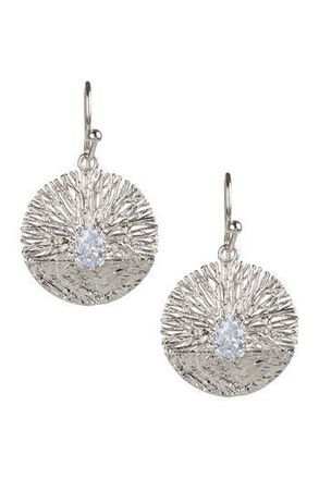 Kenneth Jay Lane Rhodium Plated Textured Disc Pear CZ Drop Earrings in Clear-Silver at Nordstrom Rack