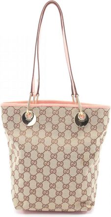 Gucci Beige Pink Canvas Leather Handbag Tote Bag (Pre-Owned)