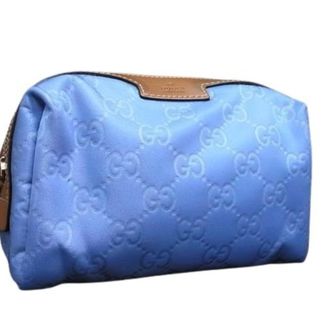 Gucci Brown Light Blue Nylon Leather Clutch Bag Wash Bag (Pre-Owned)