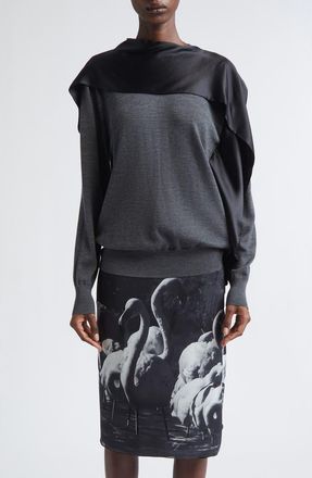 Ferragamo Satin Scarf Neck Virgin Wool Mélange Sweater in Lead Grey Melange at Nordstrom, Size X-Small