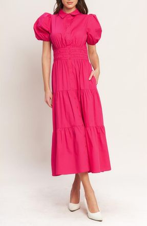 Flying Tomato Puff Sleeve Tiered Midi Shirtdress in Fuchsia at Nordstrom Rack, Size Medium