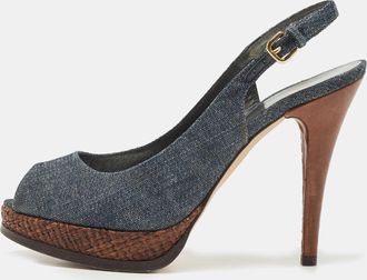 Stuart Weitzman Blue Denim Peep Toe Platform Slingback Sandals