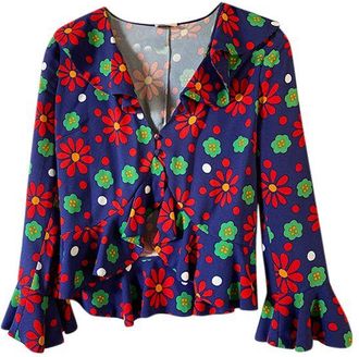 Saint Laurent blue, red & green floral crepe blouse Size M