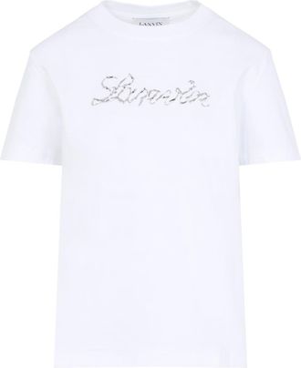 Lanvin White Embroidered Script Logo Cotton T-Shirt-Donna