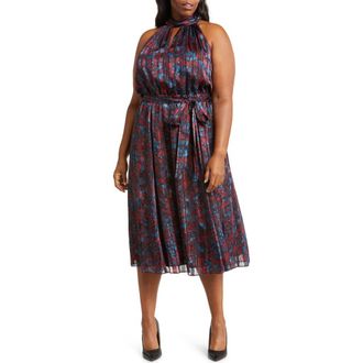 Anne Klein Floral Twist Neck Keyhole Midi Dress in Titian Red /Juniper Multi at Nordstrom, Size 22W