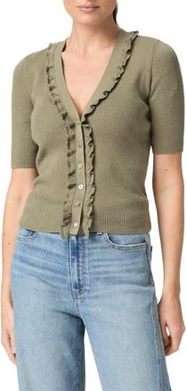 Paige Demetra Ruffle Rib Short Sleeve Cardigan in Laurel at Nordstrom, Size Xx-Small