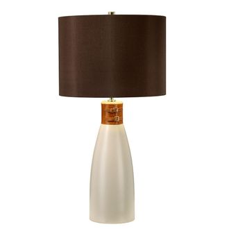 Loops Table Lamp Brown Leather Brass Strap Brown Faux Silk Cylinder Shade LED E27 60W