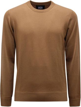 Alpha Studio Merinos Wol Trui Slim Basic - Heren - Ronde hals truien - Bruin - L - Wol - Truien & Vesten