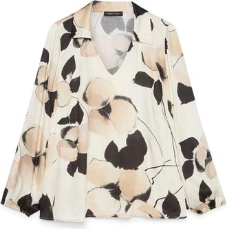Fiorella Rubino Satijnen Blouse met Bloemendruk - Dames - Blouses - Wit - 4XL - Satijn - Overhemden