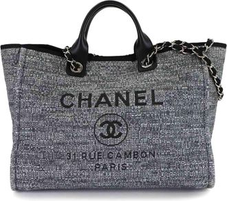 Chanel Black Gray Tweed Leather Shoulder Bag Tote Bag (Pre-Owned)