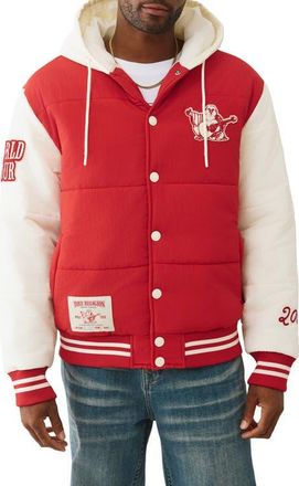 True Religion Varsity Hooded Puffer Jacket in Tr-V Red /Winter White at Nordstrom, Size Xxx-Large