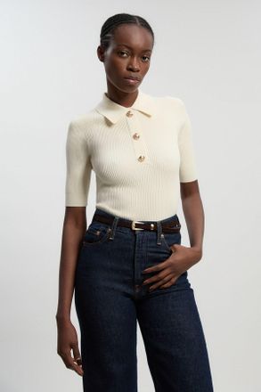 Karen Millen Womens Rib Knit Military Short Sleeve Top - White Polyamide - Size X-Small