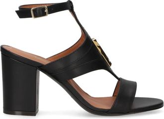 Via Roma 15 Schoenen, Dames, Zwart, 40 EU, Leer, Zwarte leren sandalen met gouden metalen V-logo