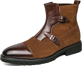 Generic Mens Pointed Toe Casual Boots with Buckle Flat Heel Office Dress Shoes PU Leather Short Boots with Side Zipper,Brown,12.5 UK