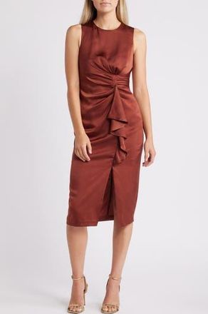 Vince Camuto Ruffle Detail Sleeveless Satin Sheath Midi Dress in Brown at Nordstrom Rack, Size 14