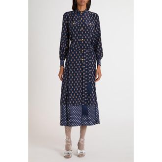 Valentino Garavani Paisley Print Long Sleeve Crêpe de Chine Shirtdress in Indigo at Nordstrom, Size 8 Us
