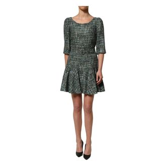 Dolce & Gabbana Short Dresses, female, Green, Size: M Tweed Belted Babydoll Mini Dress
