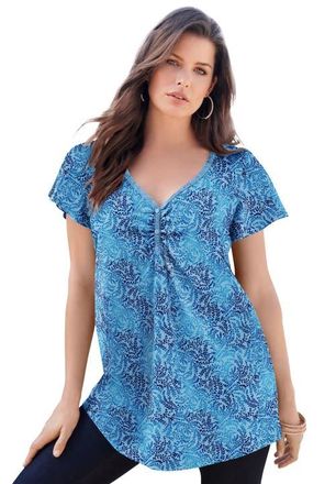 Roaman's Plus Size Cotton Ultimate Flutter Sleeve Sweetheart Tee in Blue Flowy Leaves at Nordstrom, Size 36