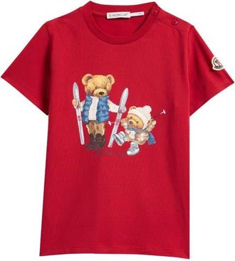 Moncler Kids Bear Logo Stretch Cotton Graphic T-Shirt in Red at Nordstrom, Size 12-18M