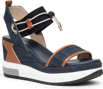 Nero Giardini Bungee Platform Wedge Sandal in Blue Jeans /Cognac at Nordstrom, Size 11Us