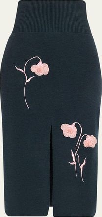 Erdem Embroidered Wool Knit Midi Pencil Skirt