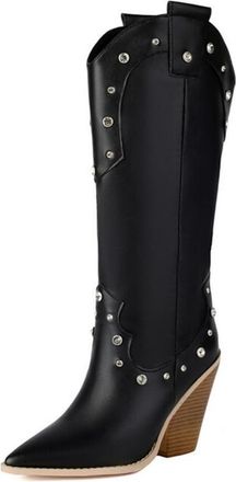 Generic Womens High Heeled Knee High Boots Pointed Toe PU Leather Western Cowboy Boots with Rhinestone Pull on Long Boot,Black,8.5 UK