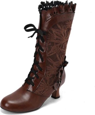 Generic Womens Lace Up Mid-Calf Boots Kitten Heel Vintage Victorian Boots Round Toe PU Leather Punk Boot,Brown,10.5 UK