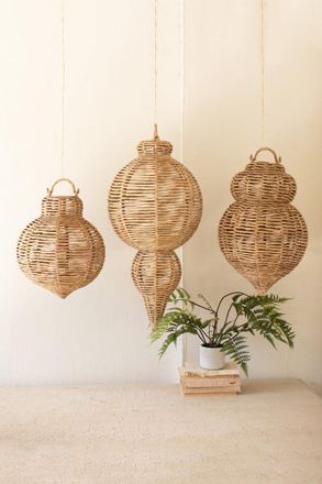 Kalalou Set Of Three Large Woven Seagrass And Iron Ornaments