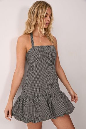 NASTY GAL Womens Premium Gingham Structured Puffball Bandeau Mini Dress - Monochrome Multi - Size X-Large