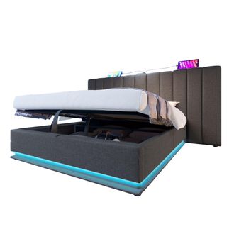 STILVORA Cama Con Arc&oacute;n 160 X 200 Cm De Lino, Cama Doble Con Led, 3 Usb Y Type-c, Sin Colch&oacute;n, Gris
