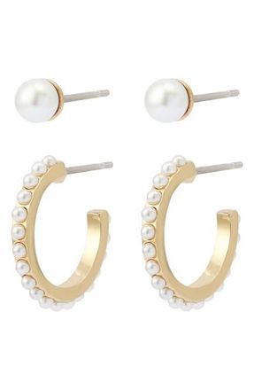 AllSaints Set of 2 Faux Pearl Stud & Huggie Hoop Set in Gold/Pearl at Nordstrom