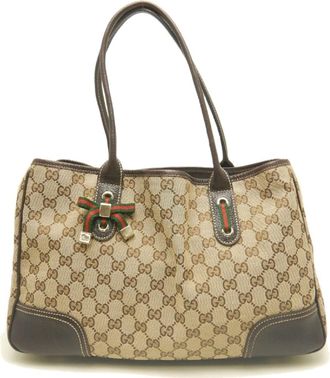 Gucci Gg Canvas Beige Brown Gg Canvas Leather Tote Bag (Pre-Owned)